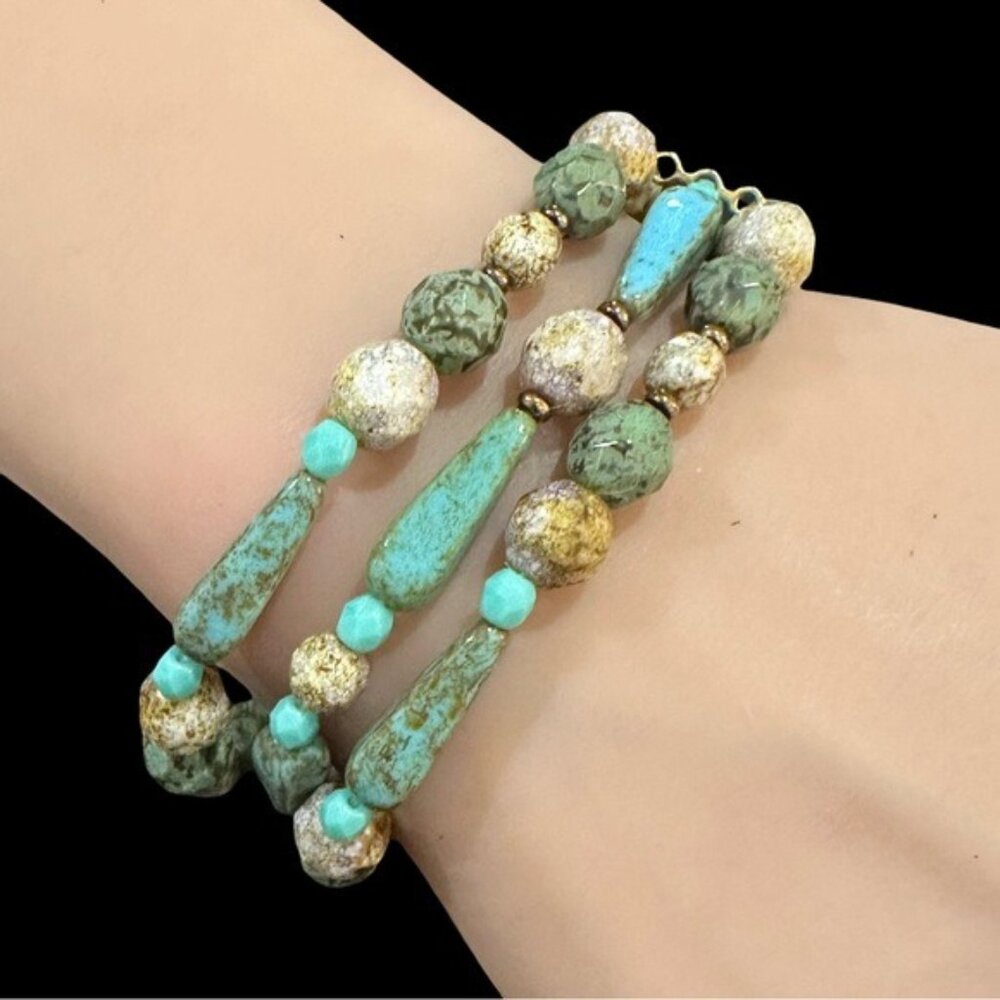 Handcrafted Boho-Style Stretch Bracelet With Turquoise & Earth-Tone Beads